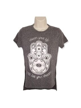 Hamsa Hand Graphic T-Shirt Dream Your Life Gray Womens Top XS